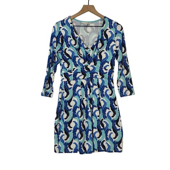 Boden Blue White Feather Printed Long Sleeve Ruched Waist Dress Women's Size 6 - Picture 2 of 9